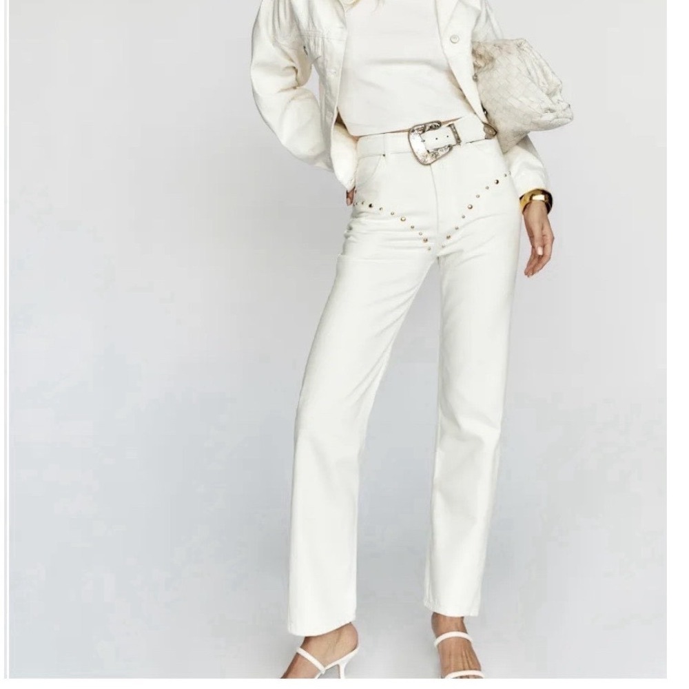 Reformation Cowboy‎ Studded High Rise Straight Jeans Vintage White 24 Western